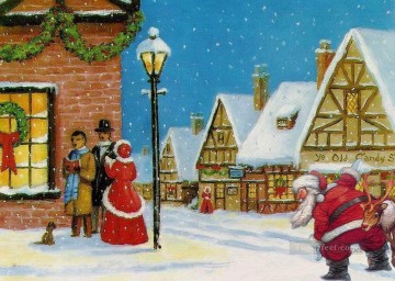 クリスマス Painting - プレゼントを届けに住宅街に紛れ込むサンタクロース オリジナル油絵 子供たち